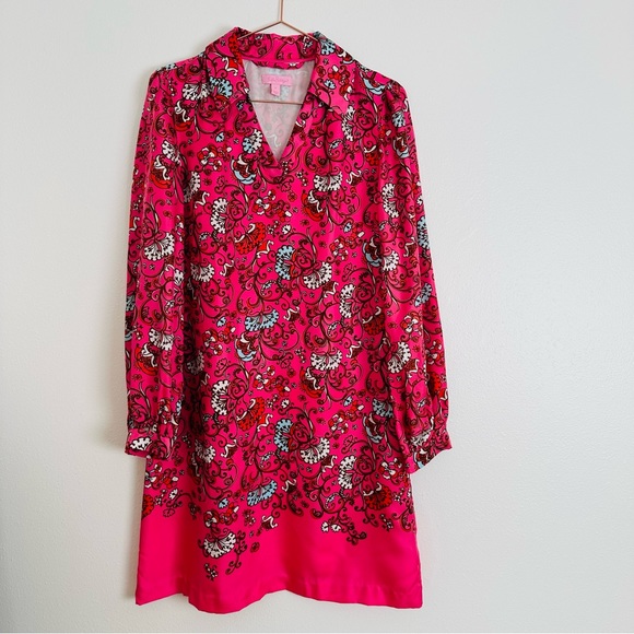 Lilly Pulitzer Wayles Hotty Pink Ring My Chimes Silk Tunic Shirt Dress Polo boho - Picture 6 of 12